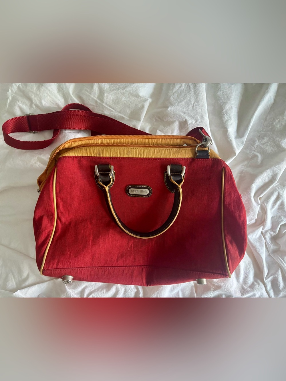 Baggallini Red Tote with Yellow Accent and Brown Handles